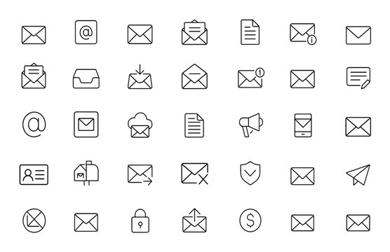 Linear outline email icon set with editable stroke. Vector illustration featuring communication, inbox, envelope, message, mailbox, marketing, spam, document, secure send, correspondence and more.
