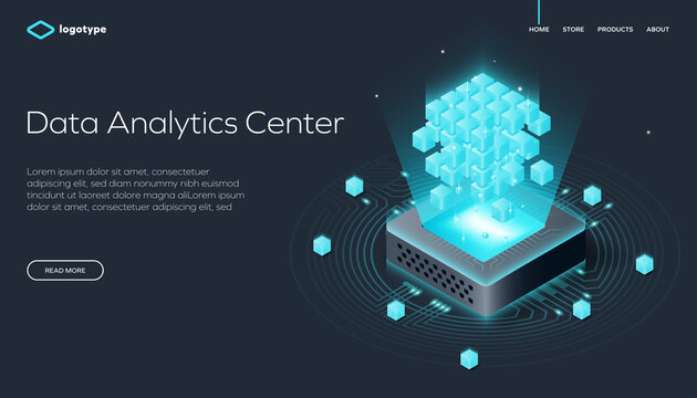Isometric landing page design for a data analytics center. Features a glowing blue data cubes on a dark background. Concept for technology, big data, blockchain, and futuristic business websites.