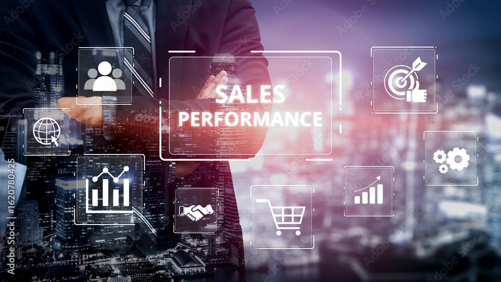 Poster digital sales performance dashboard showing sales performance metrics, performance trends, sales per