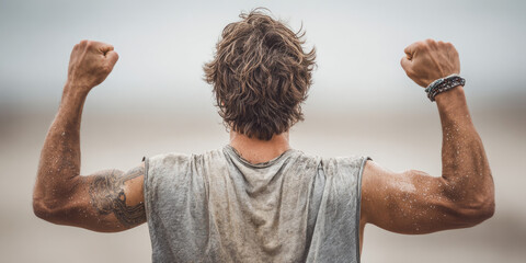 A man on the beach raises his arms in triumph after a workout, sand sticking to his clothes and skin