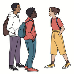 Diverse group of young people with backpacks talking