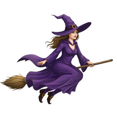 Witch Flying on Broom – Magical Halloween Spirit in Purple Gown