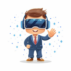Virtual Reality Explorer: A friendly businessman, donned with a futuristic VR headset, offers a welcoming wave.