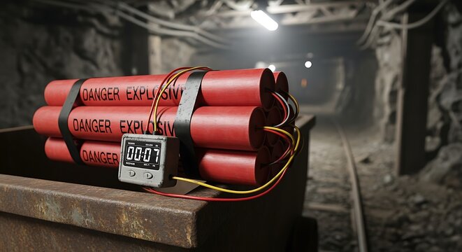Red dynamite bundle with digital timer on a mining cart in a dark underground tunnel, symbolizing danger and countdown.