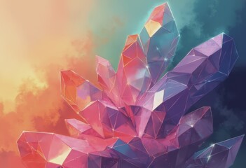 Abstract crystalline illustration with faceted surfaces reflecting rainbow colors