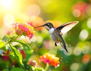 Fototapeta premium Hummingbird feeding on flower in vibrant garden