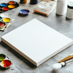 Mockup artist canvas in vertical format on grey table. format top side view. Frame for design