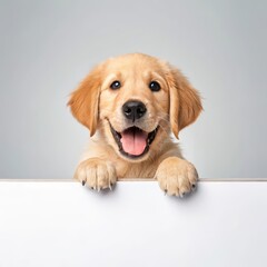 Adorable golden retriever puppy peeking over a white surface with a joyful expression