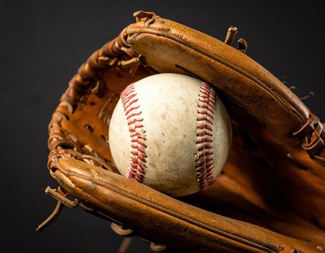 Baseball player's hand with glove caught ball, isolated on gray. Baseball, sports, championship