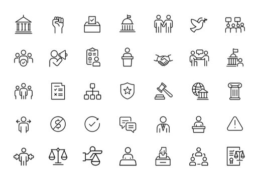 politics and governance icon set with editable strokes. Vector illustration featuring democracy, activism, election, parliament, diplomacy, freedom, law, protest, policy, voting