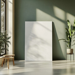 Mockup artist canvas in vertical format on green background. format front view. Frame for design