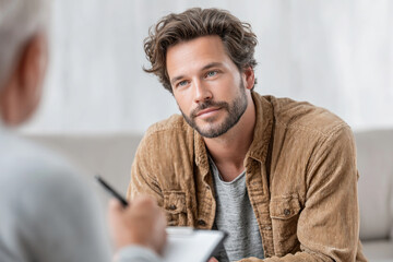 A man with curly hair listens attentively during a counseling session in a warm, inviting environment