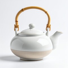 Elegant white teapot with bamboo handle showcasing serene beverage preparation on white background