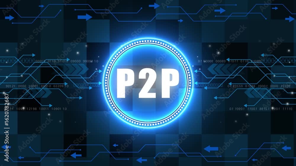 Poster businessman presses button with text p2p peer-to-peer icon on virtual digital electronic user interf