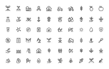 agriculture-related icons set with editable strokes. Vector illustration for farming, gardening, biotechnology, crop protection, smart farming and more.