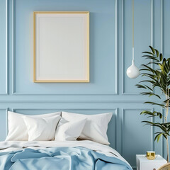 Mockup artist canvas in vertical format on blue background. format front view. Frame for design
