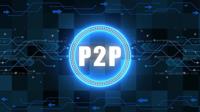 Businessman presses button with text P2P Peer-to-peer icon on virtual digital electronic user interface. communication network Business. technology background with Cyberspace HUD elements animation.