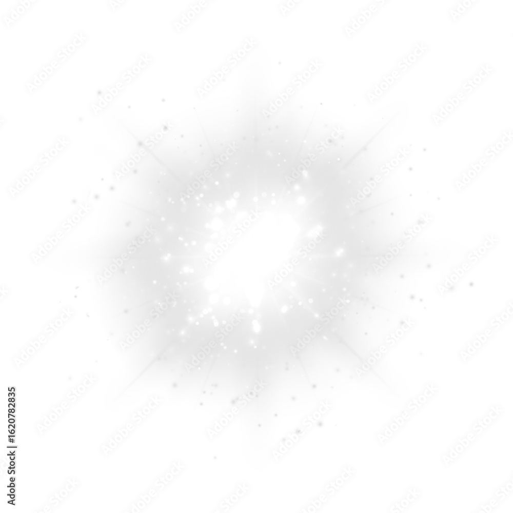 Wall mural shinig star with glitter particles isolated on transparent background with rays and beams.
