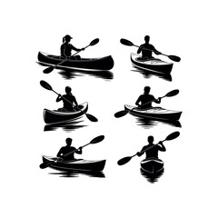 Six black silhouettes of people kayaking on white background canoe person
