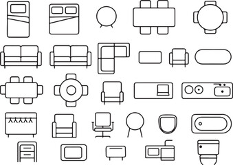 thin line furniture icons set, top view floor plan symbols for interior design