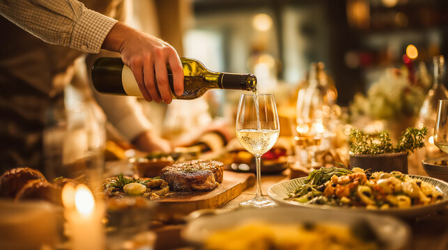 Man pouring white wine from bottle into a glass at a dinner table setting with food. Thanksgiving day, holiday celebration.