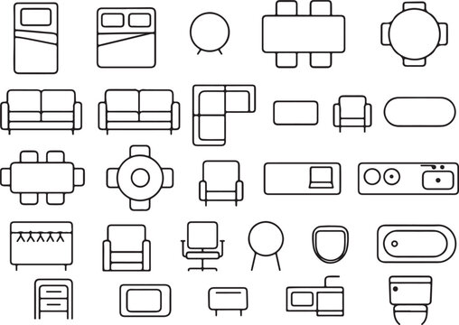 thin line furniture icons set, top view floor plan symbols for interior design