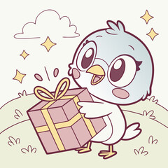 A cute cartoon bird happily holds a wrapped present with a bow, surrounded by stars, set against a simple landscape with a cloud.