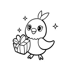 A cute cartoon bird holds a wrapped gift box with a bow, surrounded by sparkling stars, in a black and white line drawing.