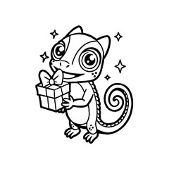 A cartoon chameleon smiling and holding a wrapped gift box with a bow, surrounded by sparkling stars.