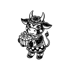 Obraz premium A cute cartoon cow character stands holding a wrapped gift box with a bow, rendered in black and white line art.