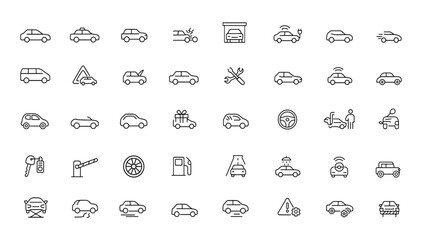 civil car symbols icon set with editable strokes. Vector illustration featuring transportation, automotive, driving, parking, accident, vehicle, traffic and more.