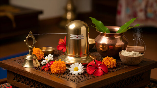 Golden Shiva Linga on wooden yagna platform with ritual items and copper pot