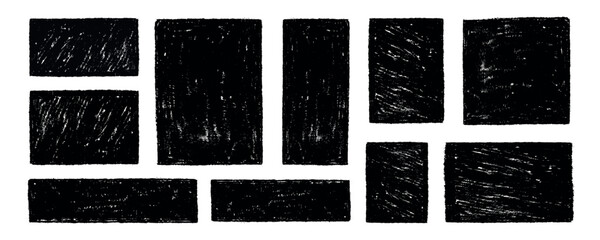 Hand drawn square and rectangle text boxes with rough crayon texture. Black grunge frames and sketchy banners for bold graphic designs and creative layouts
