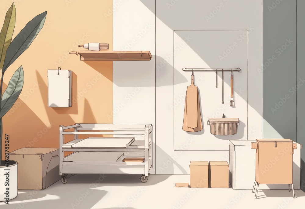 Poster varnish application area with drying racks and tools for creative projects
