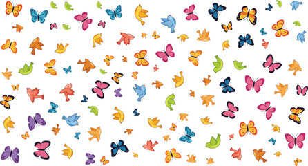 Whimsical Seamless Butterflies and Birds Pattern. Scattered Animal and Insect Designs in a Vibrant and Cheerful Color Palette for Backgrounds.