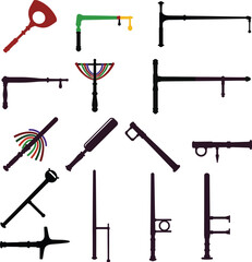 Vector Set of Police and Security Batons. Various Silhouettes of Law Enforcement Equipment and Self-Defense Sticks for Security, Riot Control, and Crowd Management.