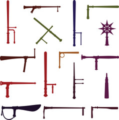 Vector Set of Police and Security Batons. Various Silhouettes of Law Enforcement Equipment and Self-Defense Sticks for Security, Riot Control, and Crowd Management.