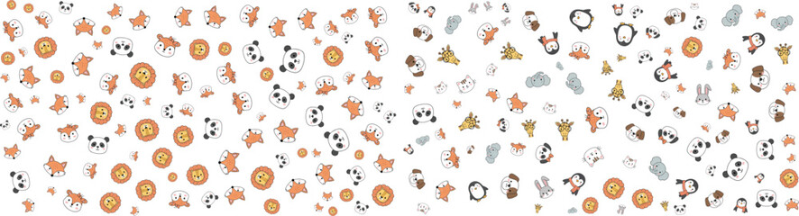 Obraz premium Seamless Cute Cartoon Animals and Geometric Shapes Pattern Collection. Featuring Pandas, Lions, and Penguins in Warm and Cool Tones.