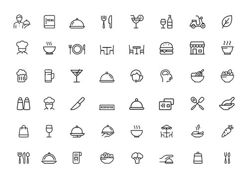 Restaurant icon set, cafe, bistro, bar, kitchen, catering, dining, food service. Editable stroke vector illustration waiter, menu, cocktail, wine, delivery, vegan, cooking and more.
