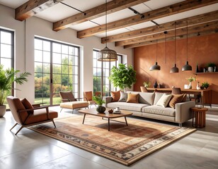 Modern rustic living room with large windows