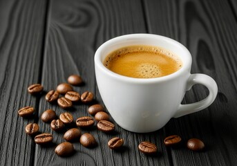 A white cup of espresso with crema sits on a dark wooden surface, surrounded by scattered roasted coffee beans.