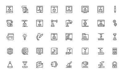 3D printing tools and technology icon set. Editable vector stroke illustrations of printers, filaments, CAD designs, manufacturing equipment, prototypes, laser layers, innovation and more.