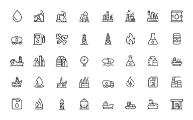 oil industry  icon set. Editable stroke vector with petroleum, drilling, refinery, pipeline, fossil fuel, gas, energy, mining, chemical, storage and more. © aura studio