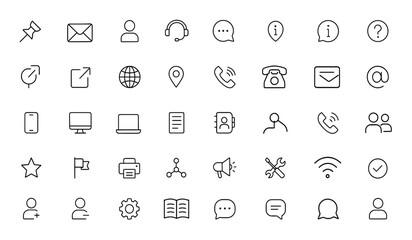 contact icons set with editable strokes. Linear line icons for business support, communication, client messages, phone, chat, email, help, assistance and more.