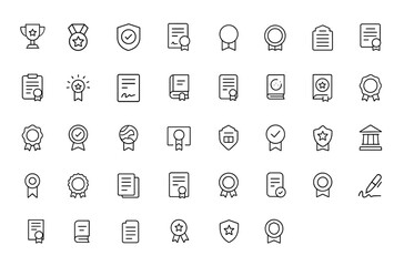Outline icon set of certificate and award symbols. Editable linear stroke vector illustration featuring diploma, graduation, document, achievement, badge, university, contract and more.