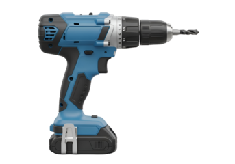 Blue and black cordless drill with attached battery pack.