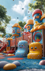 Colorful Fantasy Playground with Cute Cartoon Figures and Whimsical Buildings under Blue Sky – 3D Illustration for Children