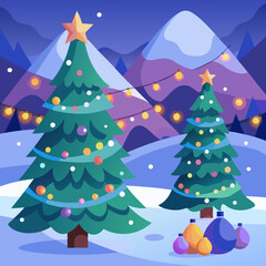 Obraz premium Festive christmas trees adorned with lights and ornaments in a snowy mountain landscape