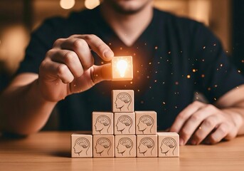 A person places a glowing lightbulb block on top of a pyramid of wooden blocks, each featuring a brain icon, symbolizing creativity stemming from collective ideas or knowledge.