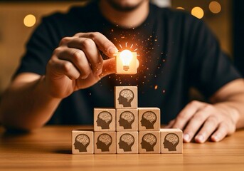 A person places a glowing lightbulb block on top of a pyramid of wooden blocks, each featuring a brain icon, symbolizing creativity stemming from collective ideas or knowledge.